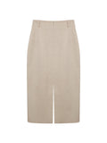 Khaki Tencel‑Cotton Waist‑Incorporated Midi Skirt Front & Back Slit