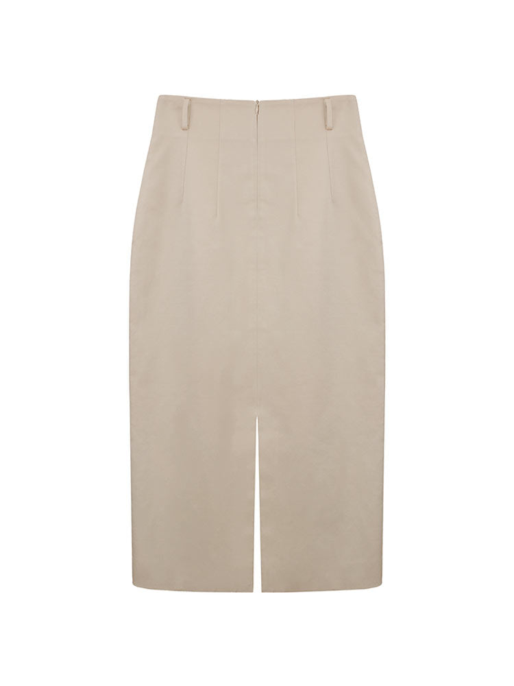 Khaki Tencel‑Cotton Waist‑Incorporated Midi Skirt Front & Back Slit