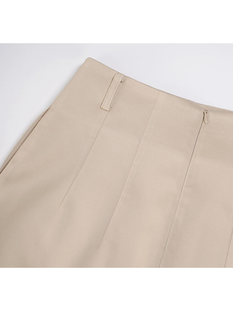 Khaki Tencel‑Cotton Waist‑Incorporated Midi Skirt Front & Back Slit
