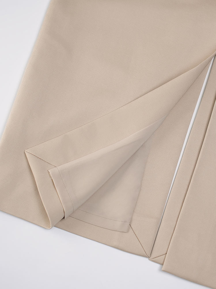 Khaki Tencel‑Cotton Waist‑Incorporated Midi Skirt Front & Back Slit