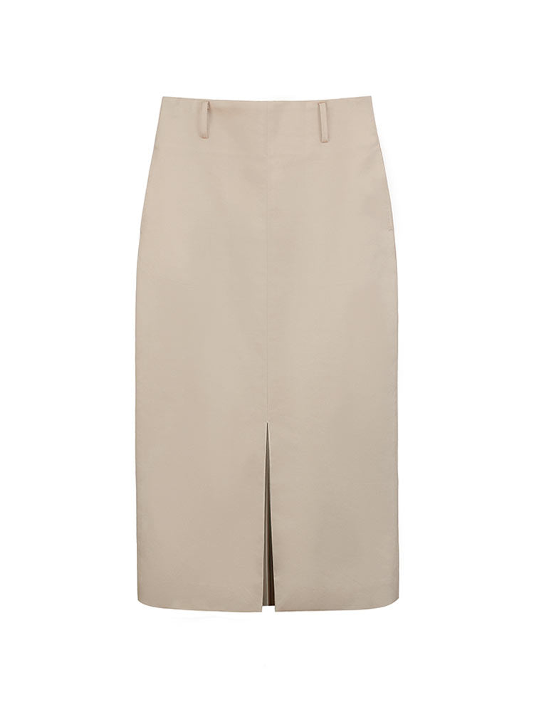 Khaki Tencel‑Cotton Waist‑Incorporated Midi Skirt Front & Back Slit