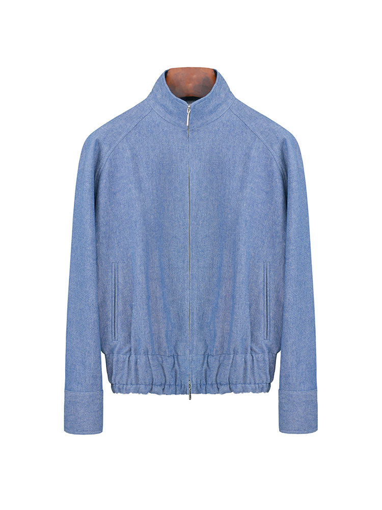 Vintage‑Wash Linen‑Cotton Zip‑Up Stand Collar Jacket Chambray Blue