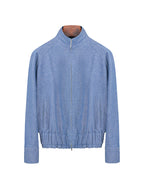 Vintage‑Wash Linen‑Cotton Zip‑Up Stand Collar Jacket Chambray Blue