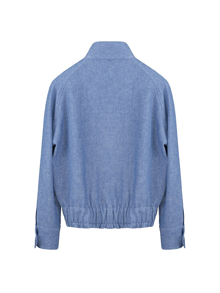 Vintage‑Wash Linen‑Cotton Zip‑Up Stand Collar Jacket Chambray Blue