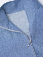 Vintage‑Wash Linen‑Cotton Zip‑Up Stand Collar Jacket Chambray Blue