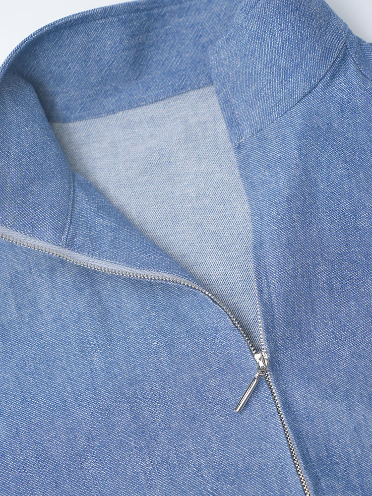 Vintage‑Wash Linen‑Cotton Zip‑Up Stand Collar Jacket Chambray Blue