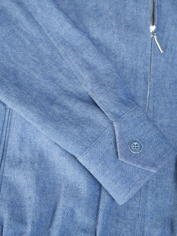 Vintage‑Wash Linen‑Cotton Zip‑Up Stand Collar Jacket Chambray Blue