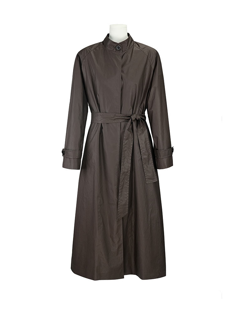 Dark Brown Waxed‑Paper Texture Stand Collar Long Trench Coat 100% Cotton
