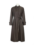Dark Brown Waxed‑Paper Texture Stand Collar Long Trench Coat 100% Cotton