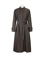 Dark Brown Waxed‑Paper Texture Stand Collar Long Trench Coat 100% Cotton