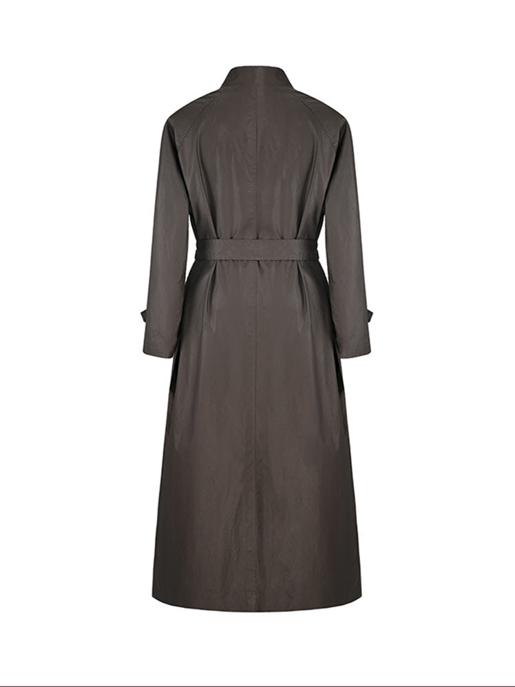 Dark Brown Waxed‑Paper Texture Stand Collar Long Trench Coat 100% Cotton
