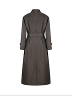 Dark Brown Waxed‑Paper Texture Stand Collar Long Trench Coat 100% Cotton