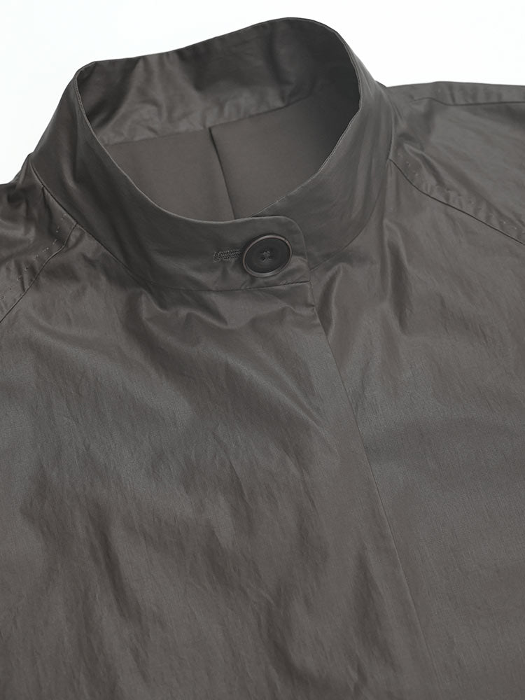 Dark Brown Waxed‑Paper Texture Stand Collar Long Trench Coat 100% Cotton