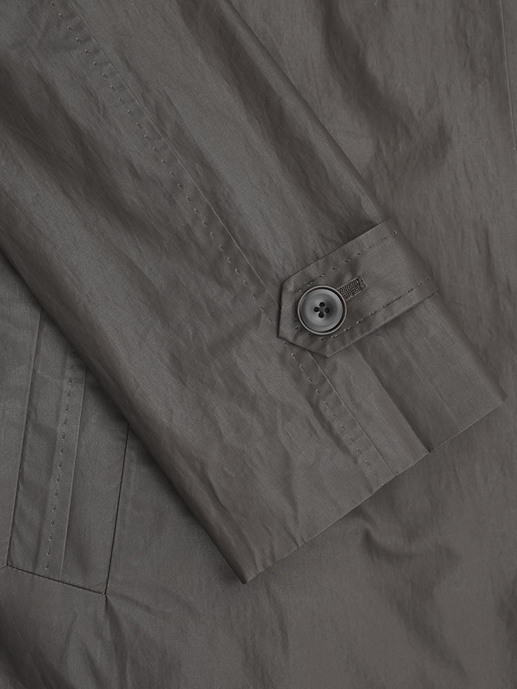 Dark Brown Waxed‑Paper Texture Stand Collar Long Trench Coat 100% Cotton