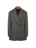 Women’s Dark Brown Wide‑Stripe Peak‑Lapel Wool Blazer | 100% Wool