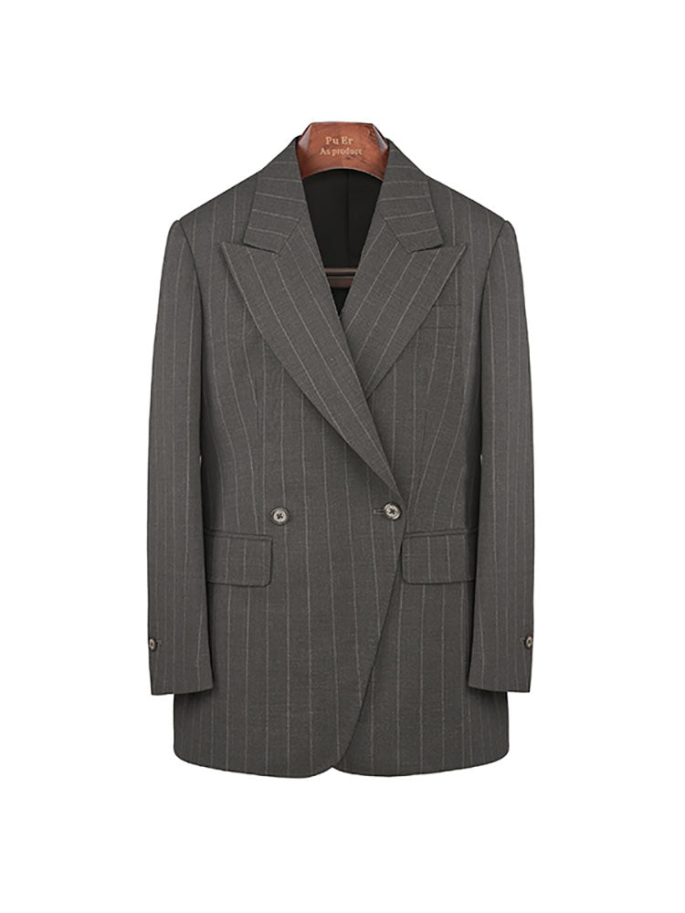 Women’s Dark Brown Wide‑Stripe Peak‑Lapel Wool Blazer | 100% Wool