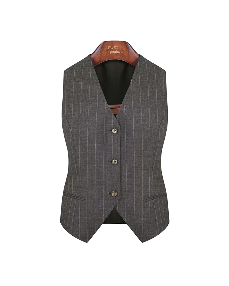 Dark brown wide-striped V-neck vest - 100% wool
