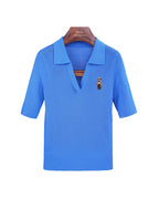 Bright Blue Ribbed V‑Polo Collar Elbow‑Sleeve Knit Top