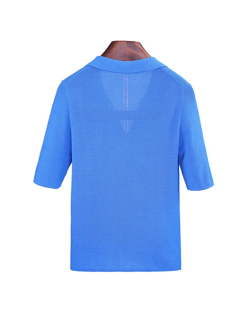 Bright Blue Ribbed V‑Polo Collar Elbow‑Sleeve Knit Top