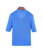 Bright Blue Ribbed V‑Polo Collar Elbow‑Sleeve Knit Top