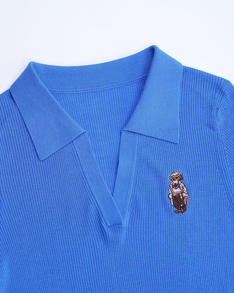 Bright Blue Ribbed V‑Polo Collar Elbow‑Sleeve Knit Top