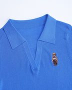 Bright Blue Ribbed V‑Polo Collar Elbow‑Sleeve Knit Top