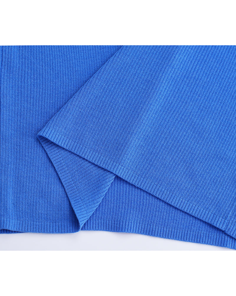 Bright Blue Ribbed V‑Polo Collar Elbow‑Sleeve Knit Top