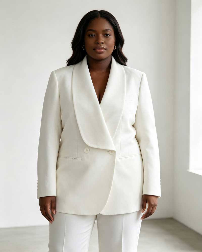 Women's Ivory White Double-Breasted Shawl Lapel Blazer