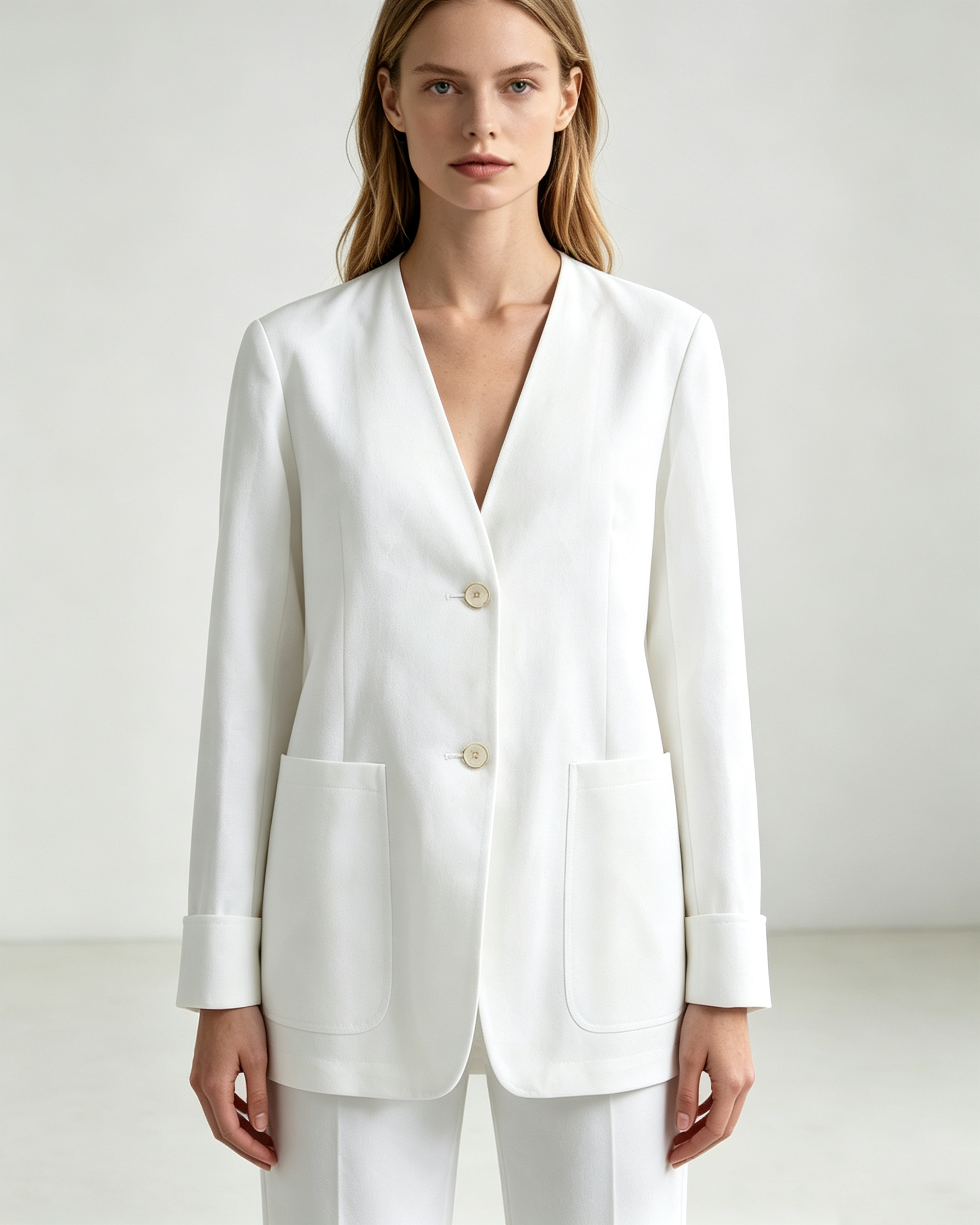 Women Breathable Tencel Linen Blend White V Neck Blazer