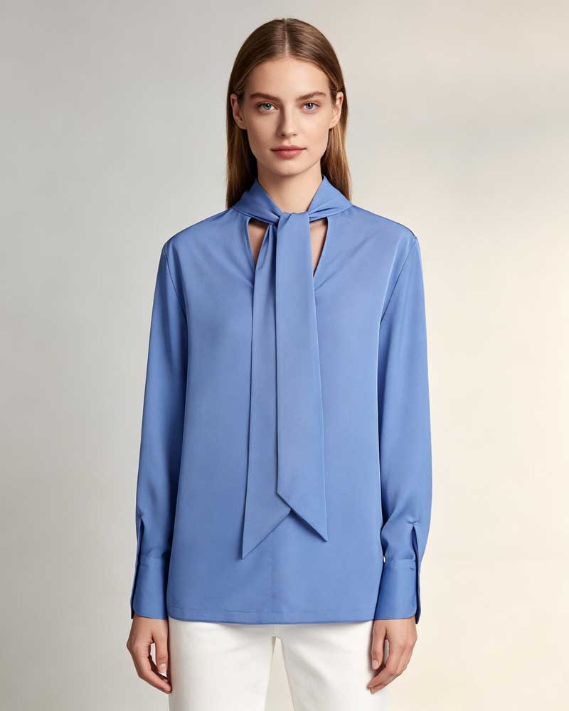 Blue Acetate Blend Tie Neck Satin Blouse