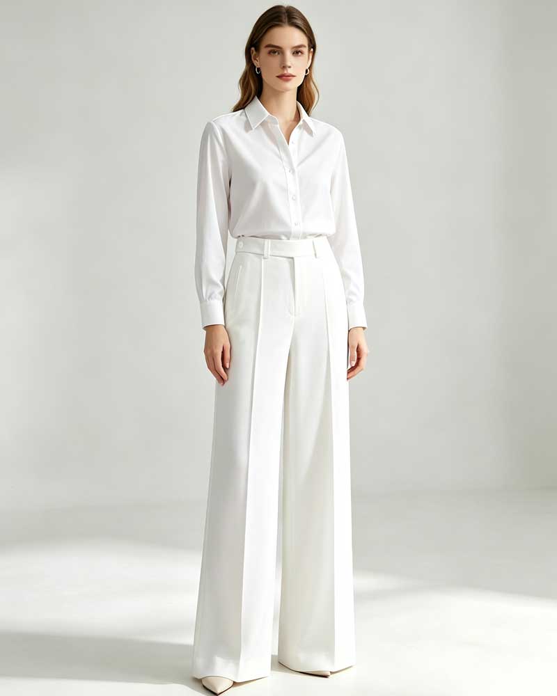 Tencel Linen Women White High Waist Pleated Wide Leg Trousers