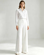 Tencel Linen Women White High Waist Pleated Wide Leg Trousers