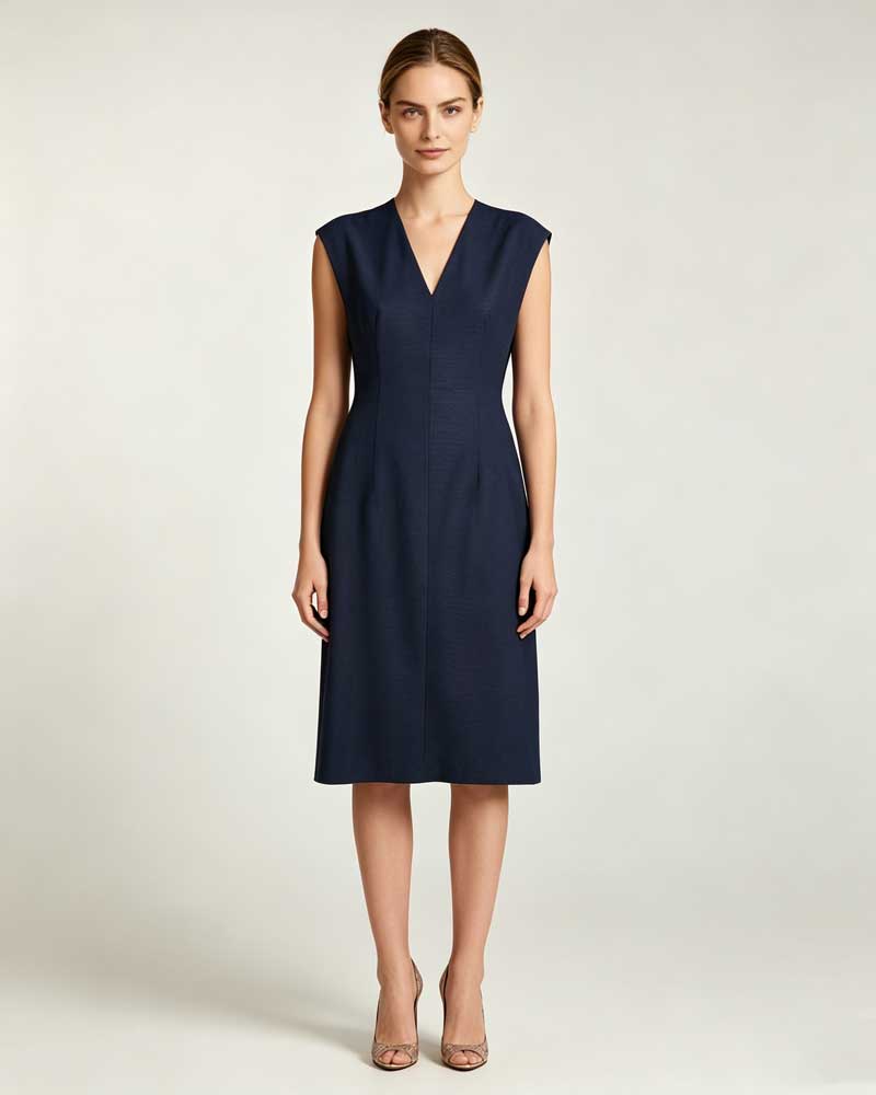 Navy Sleeveless V-Neck Midi Sheath Dress
