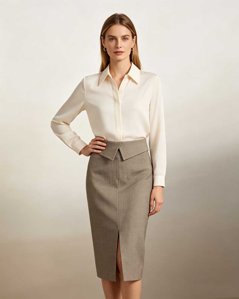 Women's Textured Taupe Fold Over Collar Waist Midi Pencil Skirt