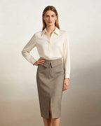 Women's Textured Taupe Fold Over Collar Waist Midi Pencil Skirt