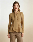 Women's Khaki Bow Tie Neck Silk Tencel & Polyamide Blouse