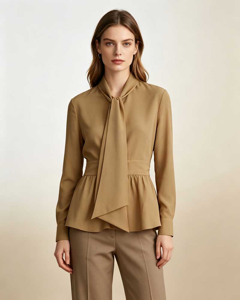 Women's Khaki Bow Tie Neck Silk Tencel & Polyamide Blouse