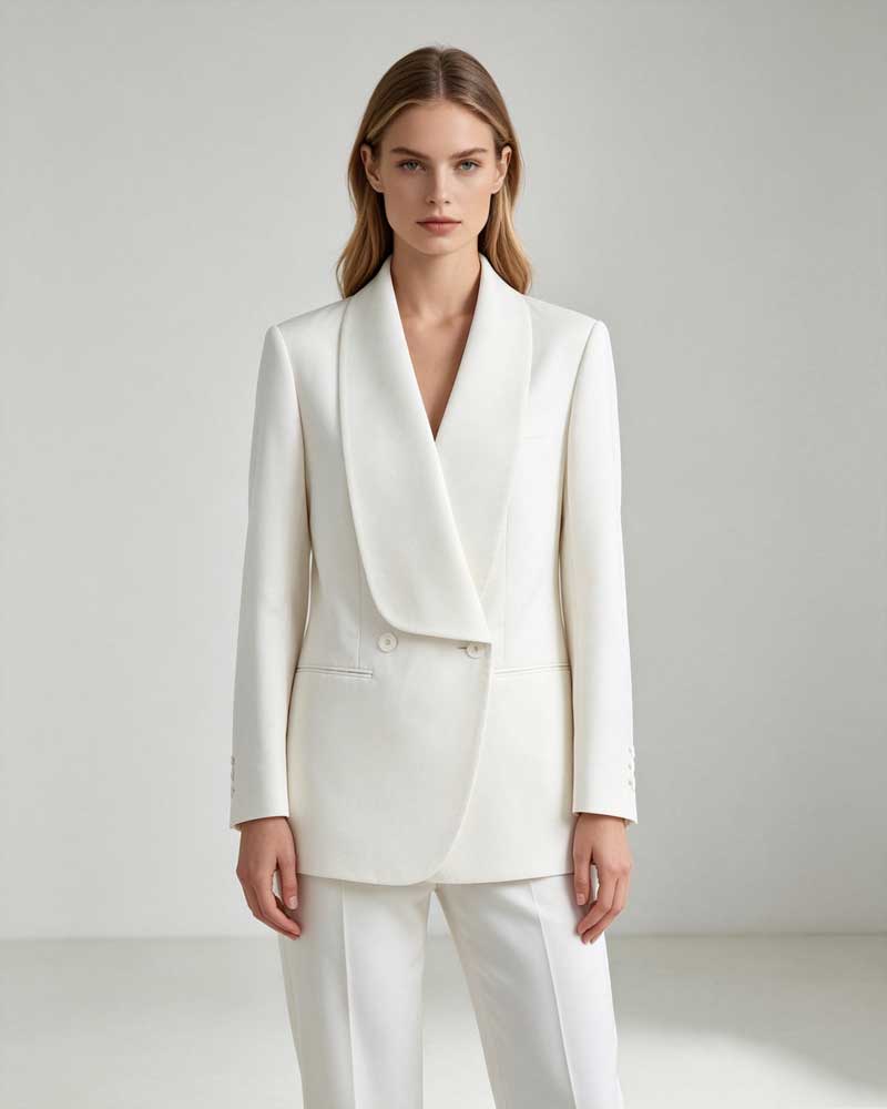 Women's Ivory White Double-Breasted Shawl Lapel Blazer