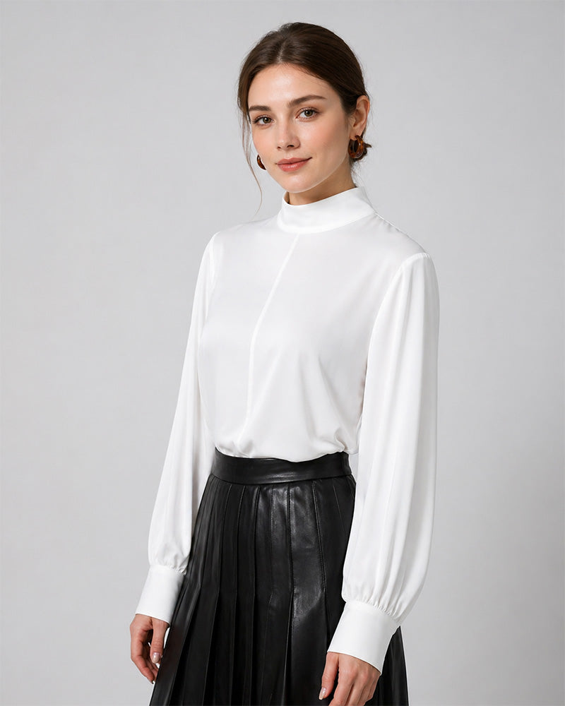 Mandarin Collar Pullover Blouse with Puff Sleeves Suitpure
