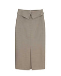 Women's Textured Taupe Fold Over Collar Waist Midi Pencil Skirt