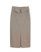 Women's Textured Taupe Fold Over Collar Waist Midi Pencil Skirt