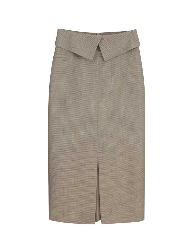 Women's Textured Taupe Fold Over Collar Waist Midi Pencil Skirt