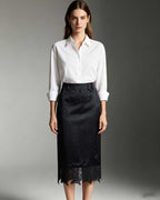 Women Black AcetateHigh Waist Jacquard Midi Pencil Skirt