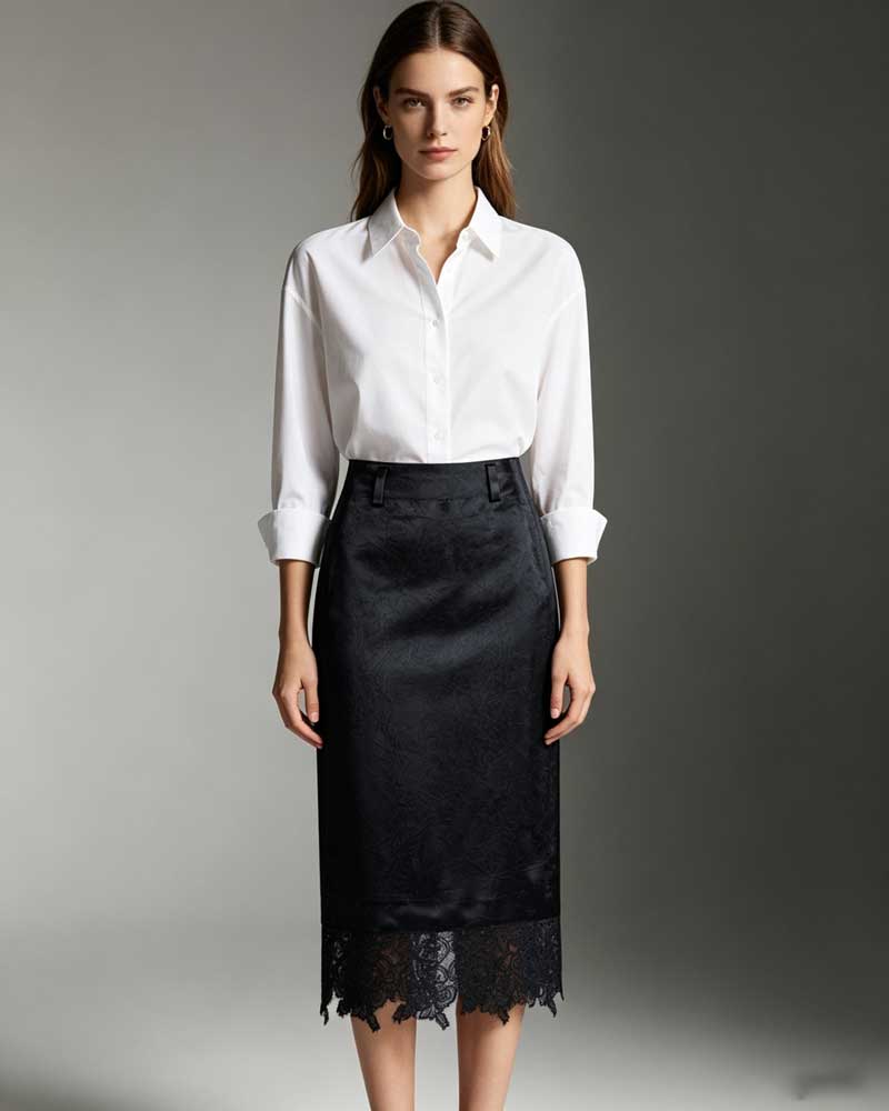 Women Black AcetateHigh Waist Jacquard Midi Pencil Skirt