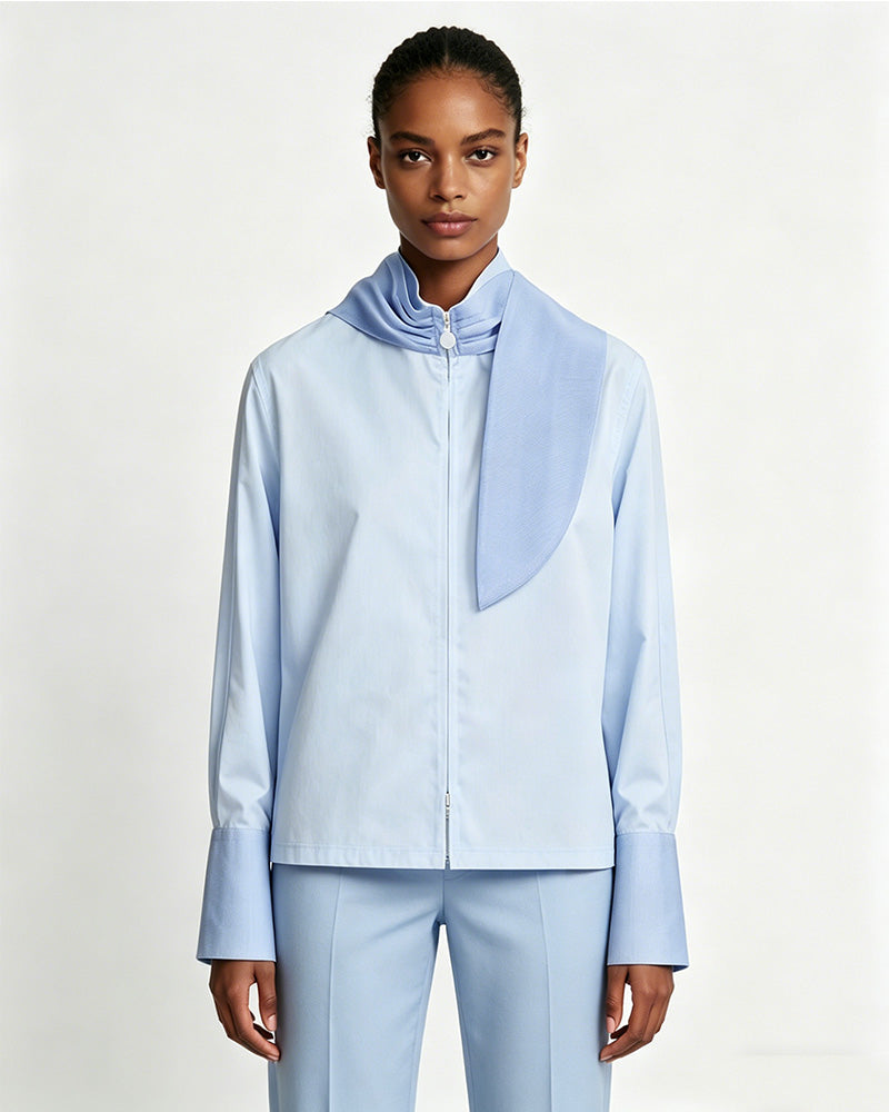 Light Blue Zip-Front Crop Shirt with Feather Detail Suitpure