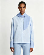Light Blue Zip-Front Crop Shirt with Feather Detail Suitpure