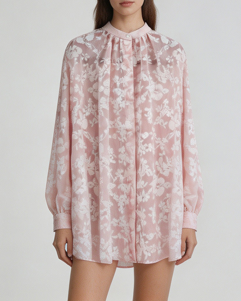 Pink Floral Stand Collar Blouse Suitpure