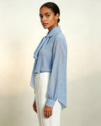 Women's Light Blue Polka Dot Bow Tie Neck Blouse Suitpure